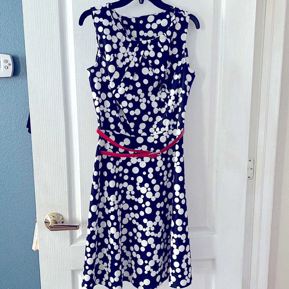 Blue and White Podka Dot Dress with Red Belt
